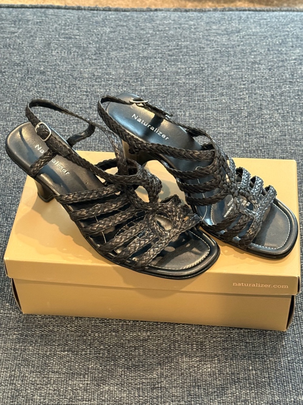 Naturalizer Black Braided Strappy Heels 8.5M Slingback Leather Sandals